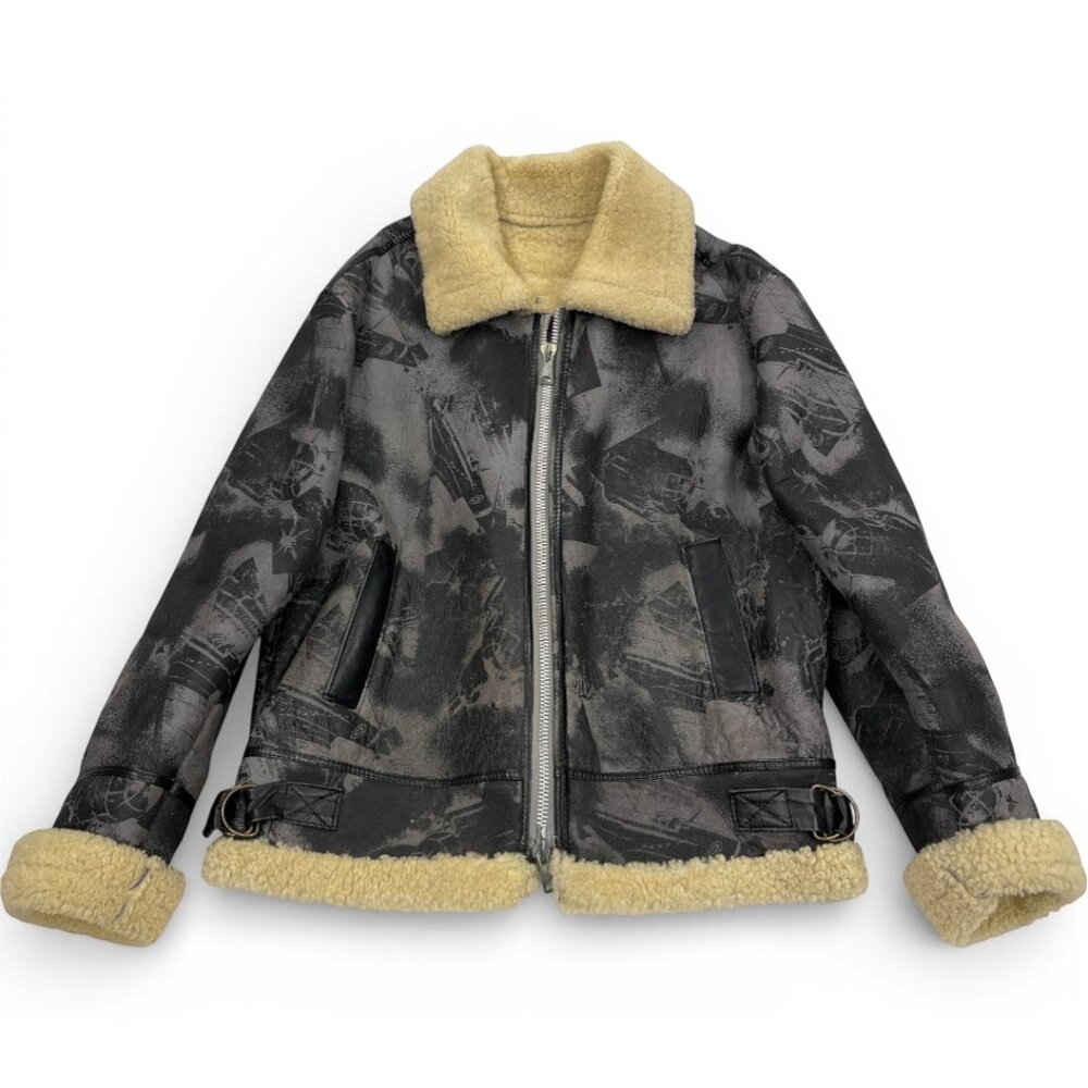 Vintage Shearling Sheepskin WWII Fighter Bomber Printed Aviator Leather Jacket L